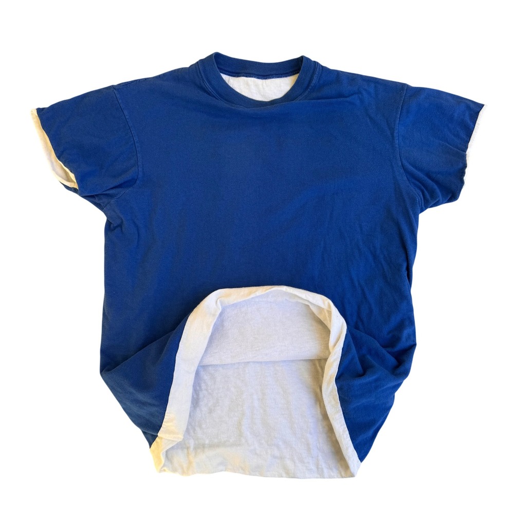 Vintage 70s Double Faced Reversible T-Shirt Blue White Short Sleeve Size M USA